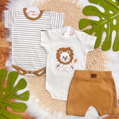 Conj. de Malha 3 peças - Leão com Juba Colorida - Off White e Ferrugem